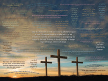 Load image into Gallery viewer, 500-piece jigsaw puzzle with verses from every book of the New Testament appearing over image of three crosses at sunrise.
